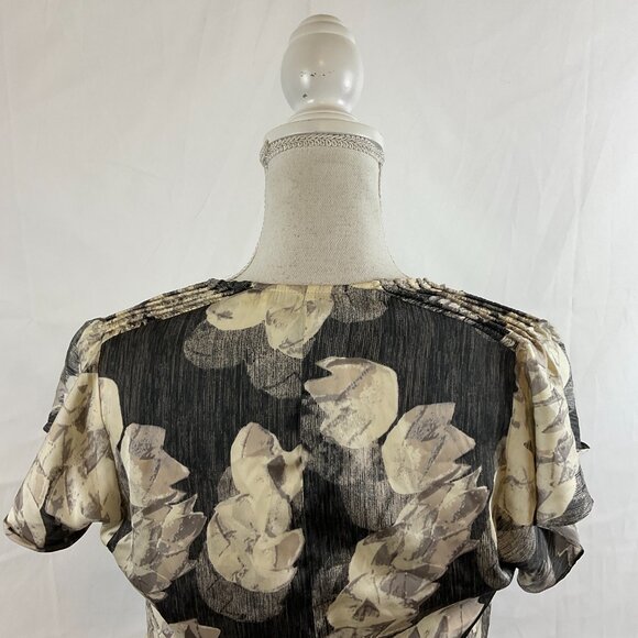 Halston Heritage Dress S Gray Cream Floral Elastic Waist Tiered Butterfly Sleeve - Picture 10 of 14